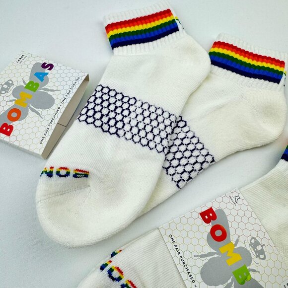 2-Pairs Bombas Bee Proud Quarter Pride Rainbow Socks White - Picture 2 of 3